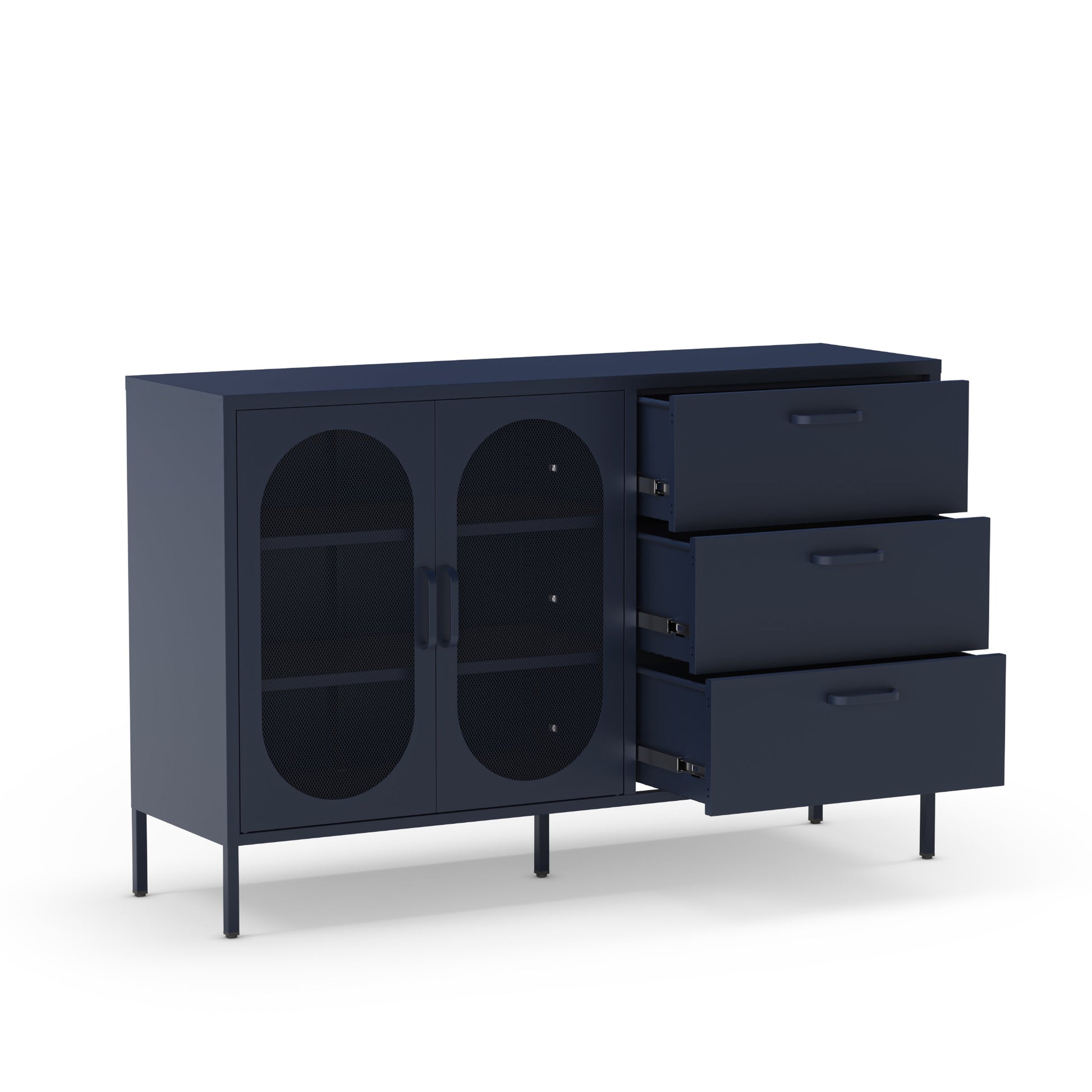 A modern navy blue sideboard cabinet with two arched glass doors on the left and three drawers on the right, with two drawers pulled open, shown on a white background.