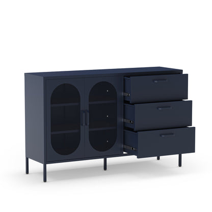 A modern navy blue sideboard cabinet with two arched glass doors on the left and three drawers on the right, with two drawers pulled open, shown on a white background.