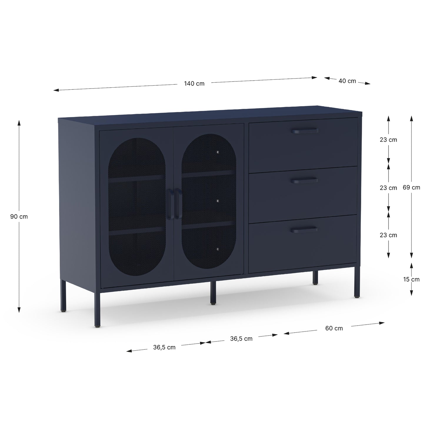 A dark navy blue sideboard cabinet with two arched glass doors and three drawers, shown with dimension lines and labels indicating measurements.