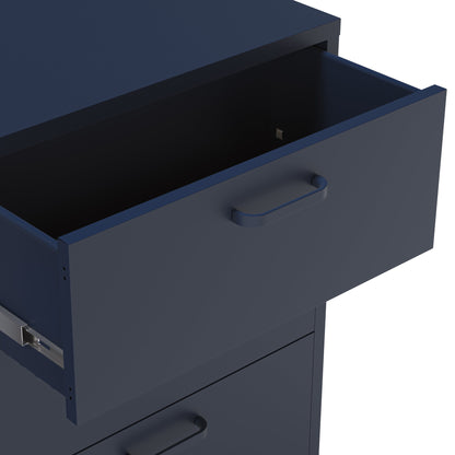 A close-up of a dark navy blue drawer unit with one top drawer pulled open, showing a silver drawer pull handle and interior, on a white background.