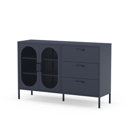 A modern dark gray sideboard cabinet with two oval glass-front doors and three drawers on the right, shown on a plain white background.