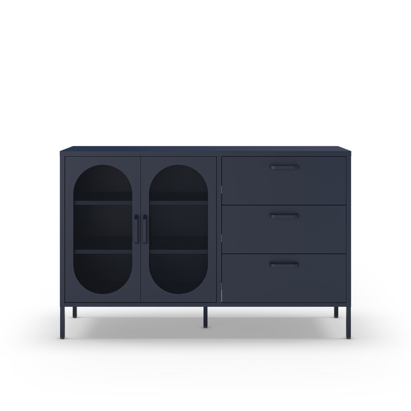 A modern dark navy blue sideboard cabinet with two arched glass doors on the left and three drawers on the right, supported by slim metal legs, shown against a plain white background.