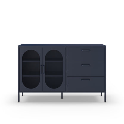 A modern dark navy blue sideboard cabinet with two arched glass doors on the left and three drawers on the right, supported by slim metal legs, shown against a plain white background.