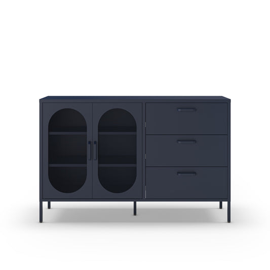 A modern dark navy blue sideboard cabinet with two arched glass doors on the left and three drawers on the right, supported by slim metal legs, shown against a plain white background.