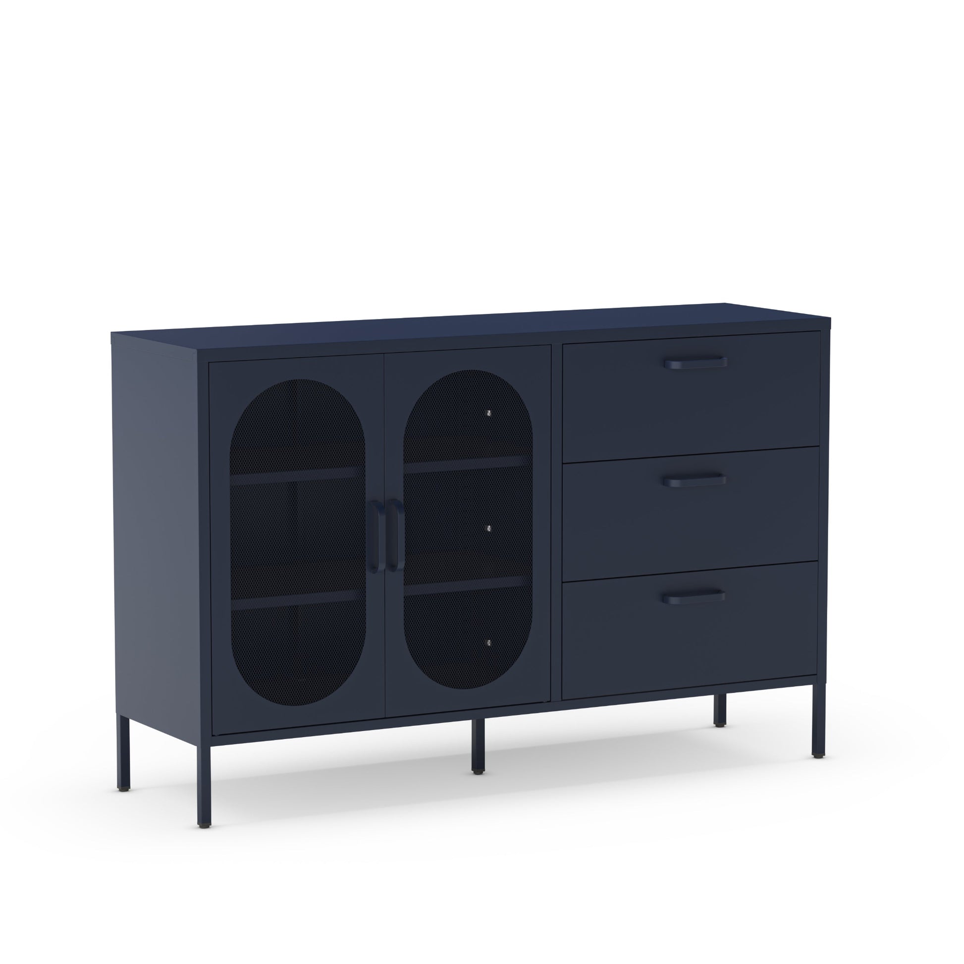 A modern navy blue sideboard cabinet with two arched glass doors on the left and three drawers on the right, shown on a clean white background.