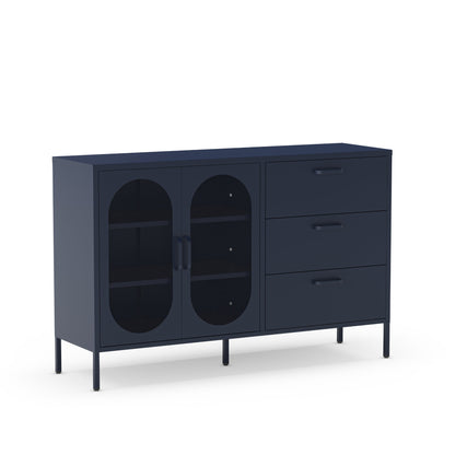 A modern navy blue sideboard cabinet with two arched glass doors on the left and three drawers on the right, shown on a clean white background.