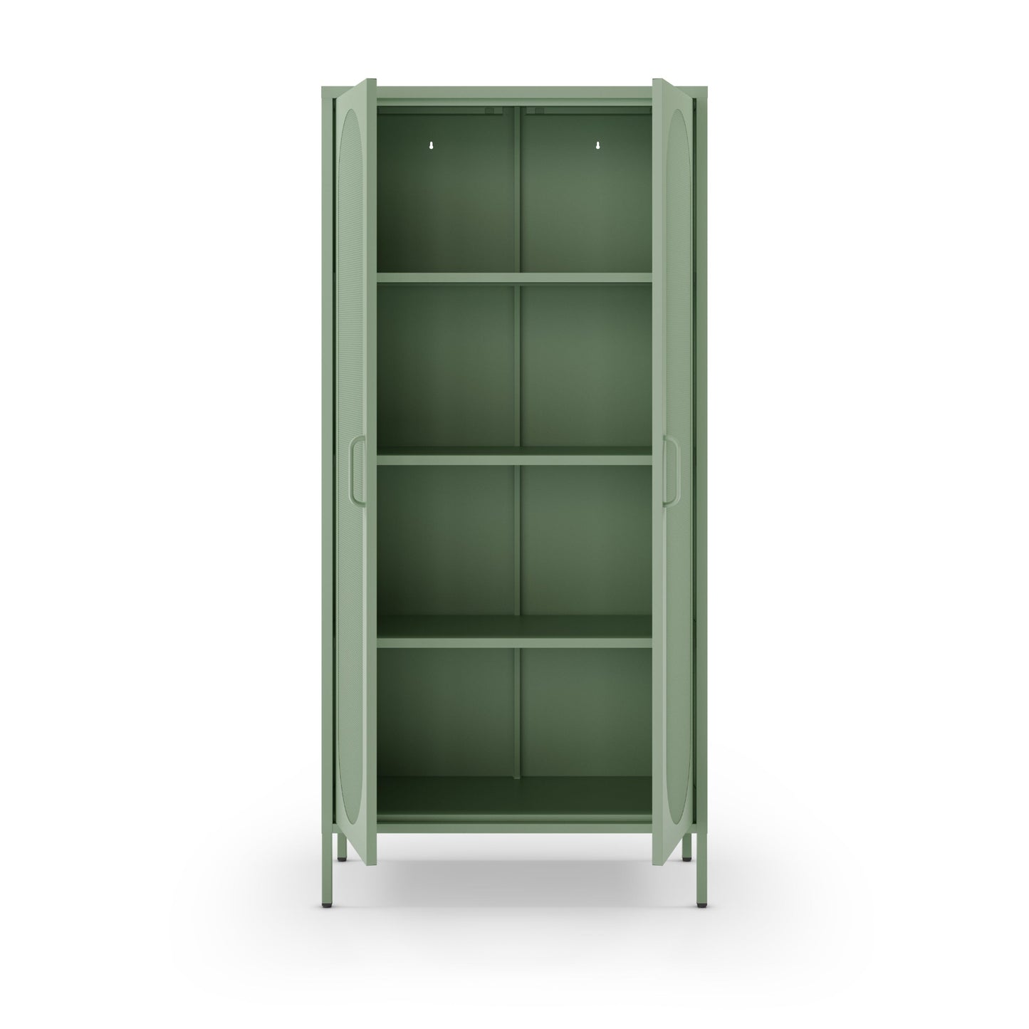 A tall, narrow storage cabinet with two open doors and four interior shelves, shown in a muted sage green color against a plain white background.