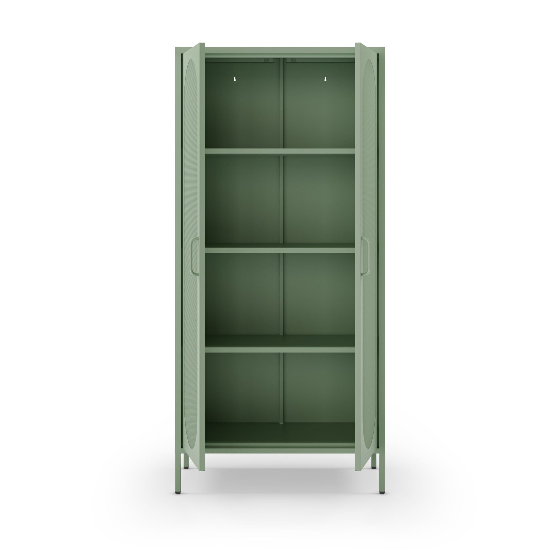 A tall, narrow storage cabinet with two open doors and four interior shelves, shown in a muted sage green color against a plain white background.