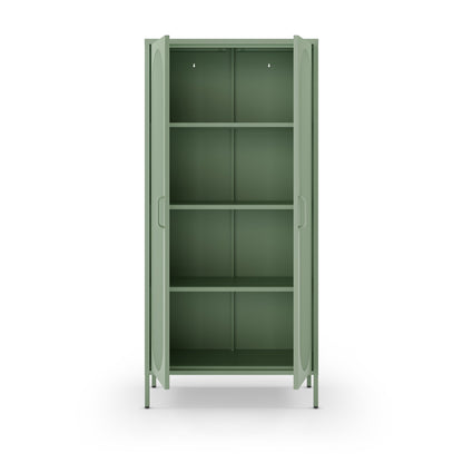 A tall, narrow storage cabinet with two open doors and four interior shelves, shown in a muted sage green color against a plain white background.