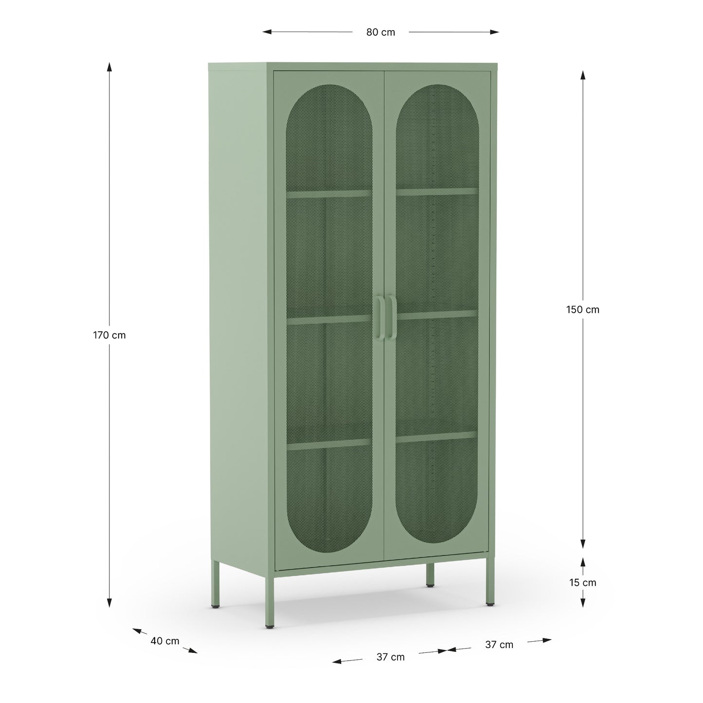 Green cabinet with dimensions labeled on a white background