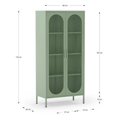 Green cabinet with dimensions labeled on a white background