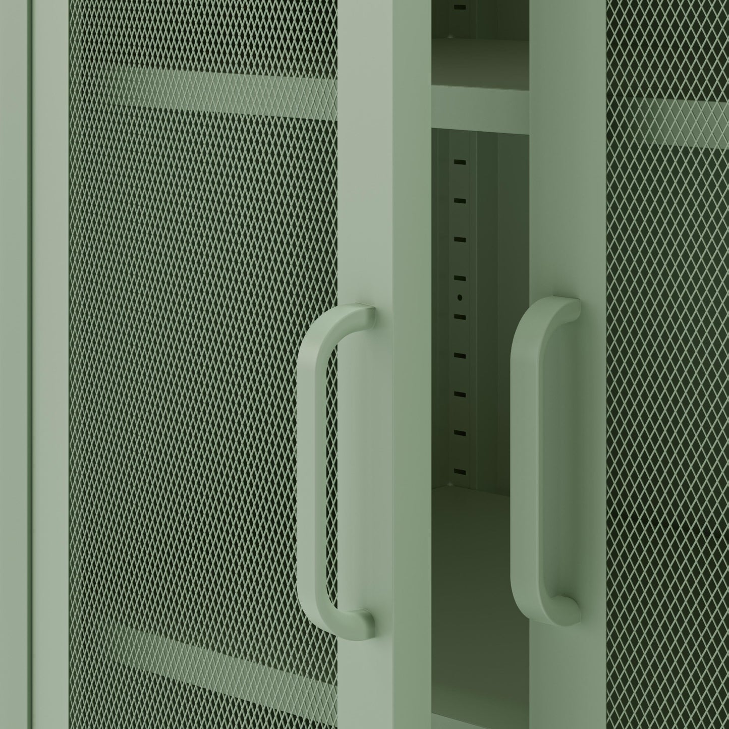 Green metal cabinet with mesh doors and handles on a white background