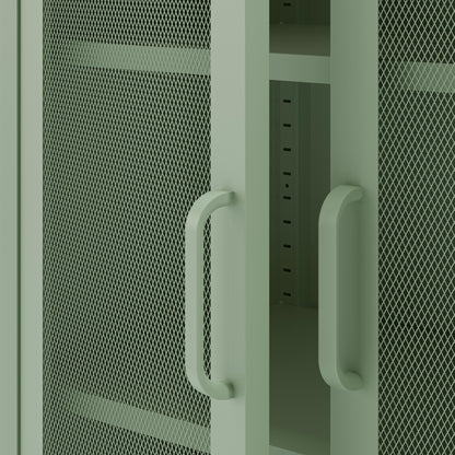 Green metal cabinet with mesh doors and handles on a white background