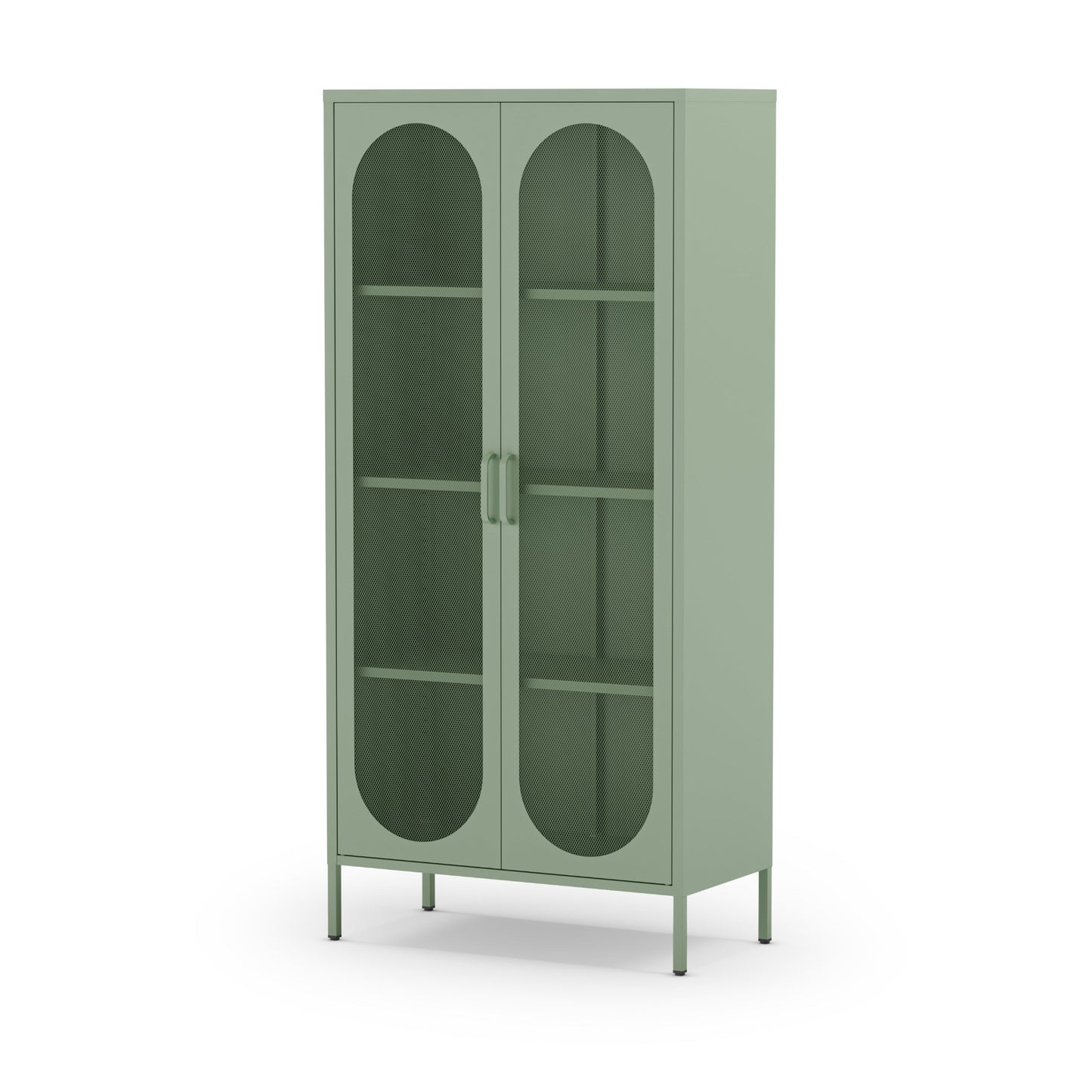 A tall sage green bookcase cabinet with two arched glass doors and four interior shelves, shown on a plain white background.