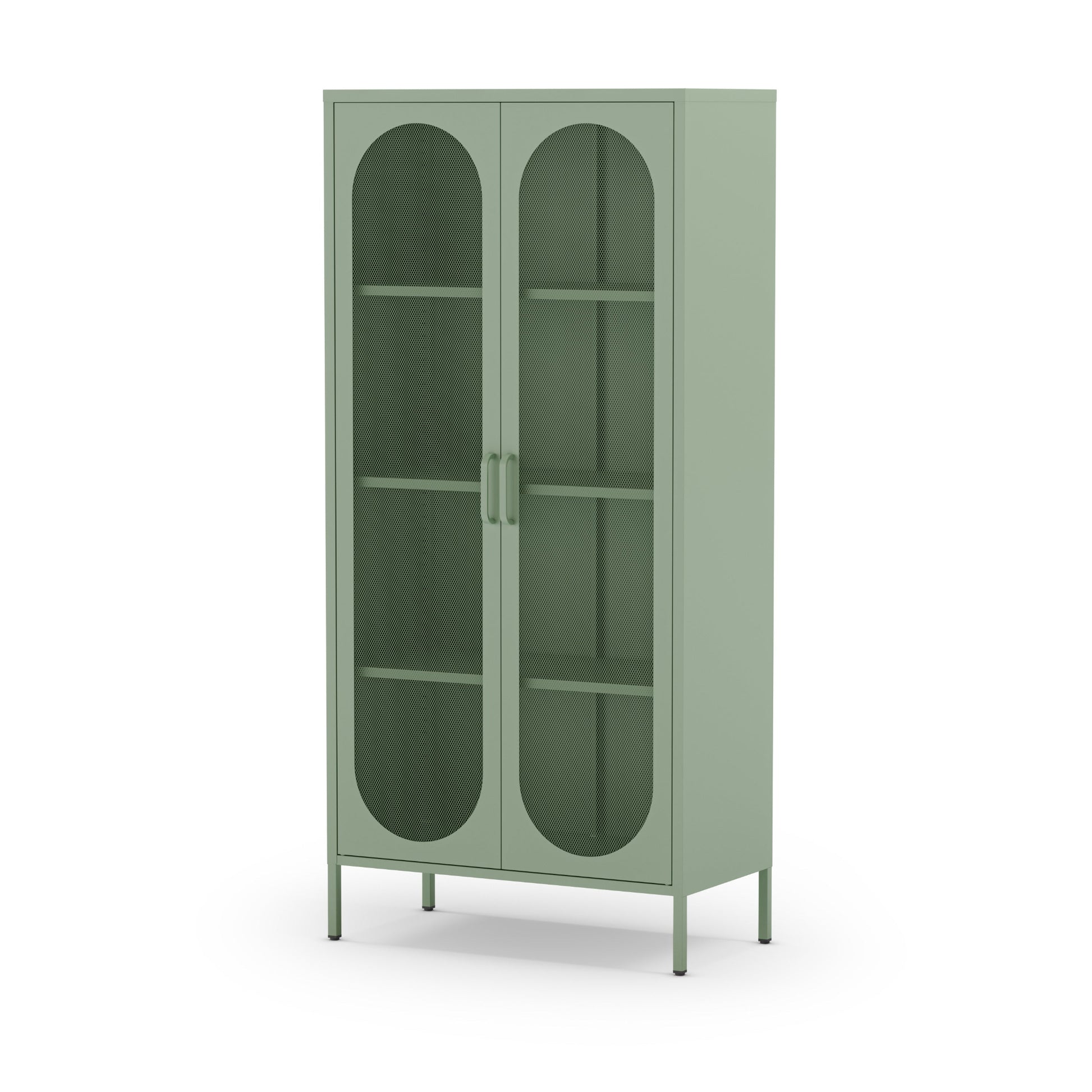 A tall sage green bookcase cabinet with two arched glass doors and four interior shelves, shown on a plain white background.