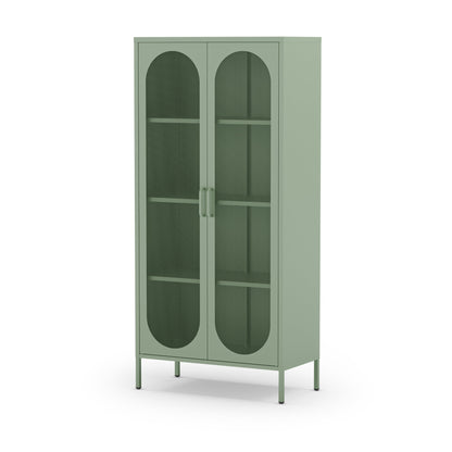A tall sage green bookcase cabinet with two arched glass doors and four interior shelves, shown on a plain white background.