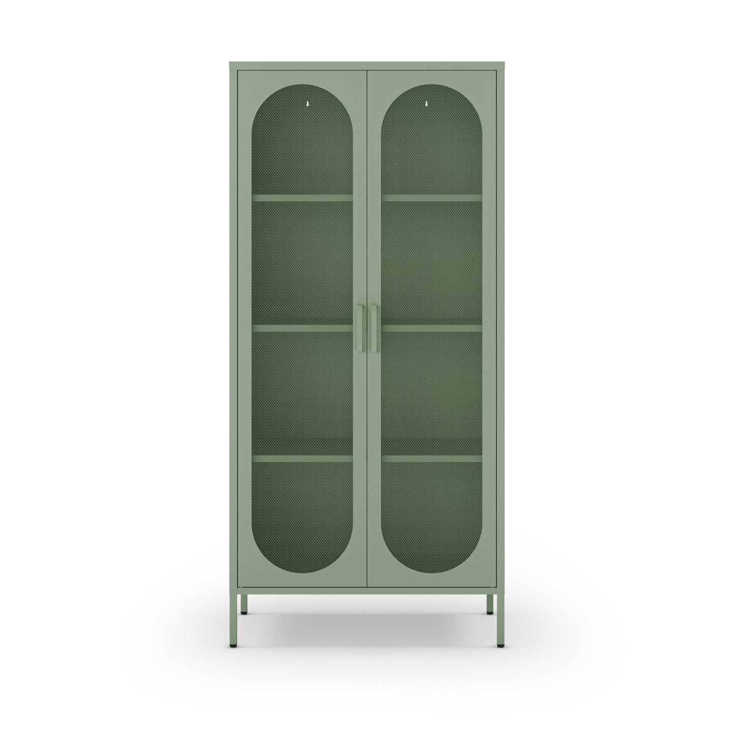 A tall, narrow storage cabinet with two doors, arched glass panels, and four open shelves, finished in a muted sage green color with slim metal legs and handles.