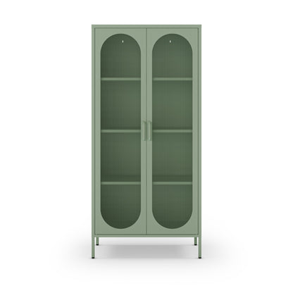 A tall, narrow storage cabinet with two doors, arched glass panels, and four open shelves, finished in a muted sage green color with slim metal legs and handles.