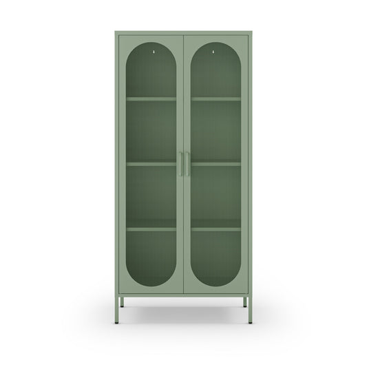 A tall, narrow storage cabinet with two doors, arched glass panels, and four open shelves, finished in a muted sage green color with slim metal legs and handles.