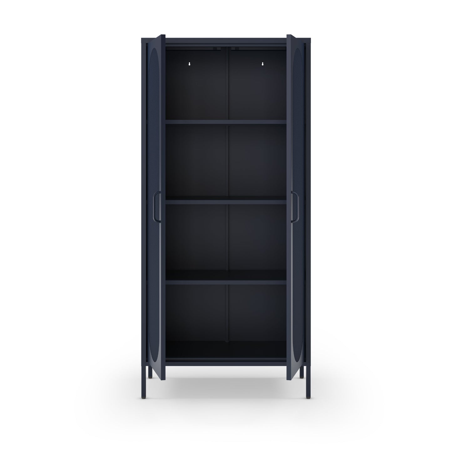 A tall, dark gray metal storage cabinet with two doors and three interior shelves, shown on a plain white background.