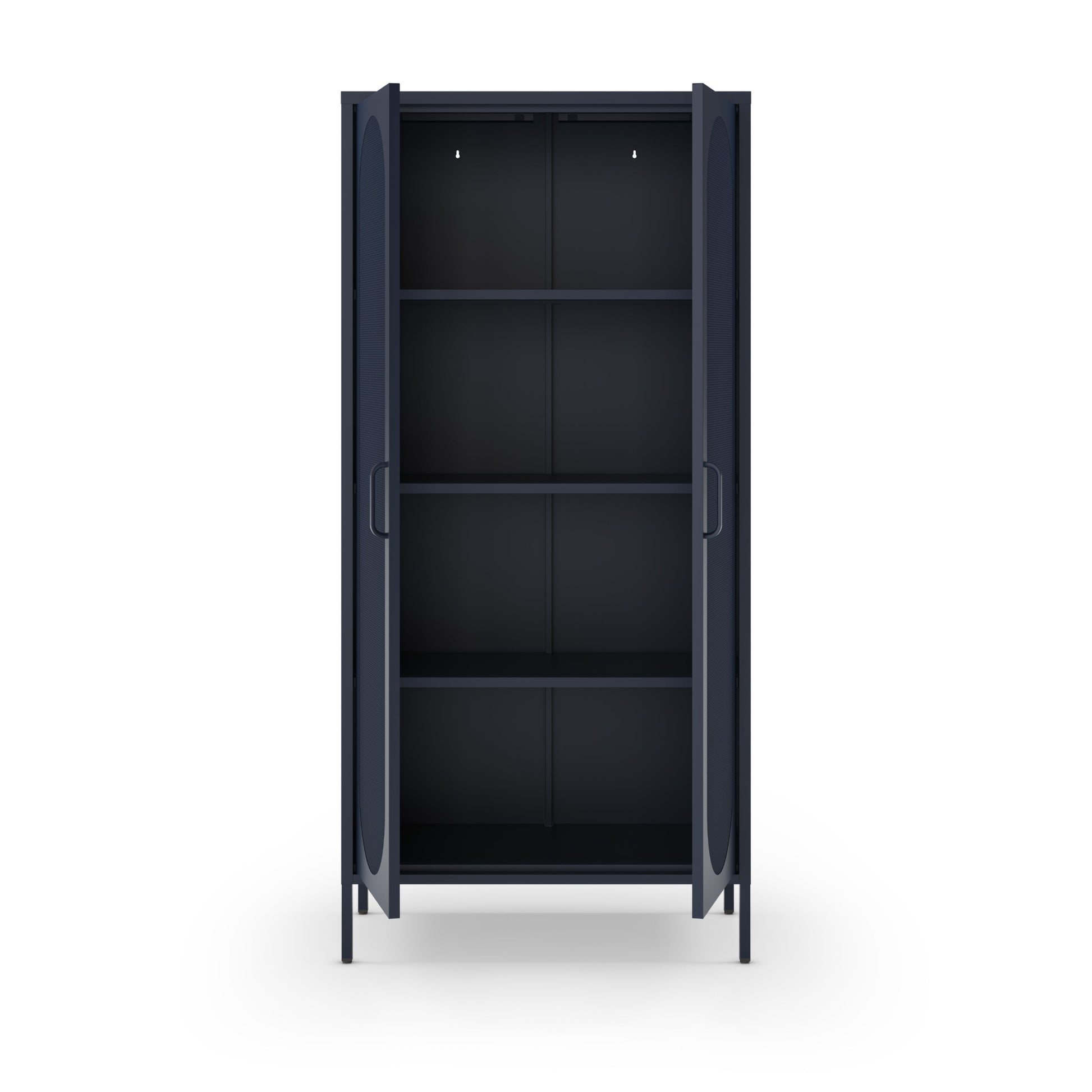 A tall, dark gray metal storage cabinet with two doors and three interior shelves, shown on a plain white background.