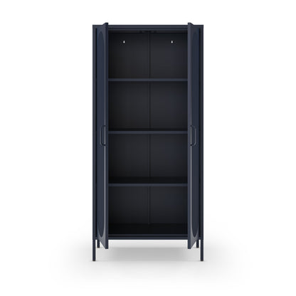 A tall, dark gray metal storage cabinet with two doors and three interior shelves, shown on a plain white background.