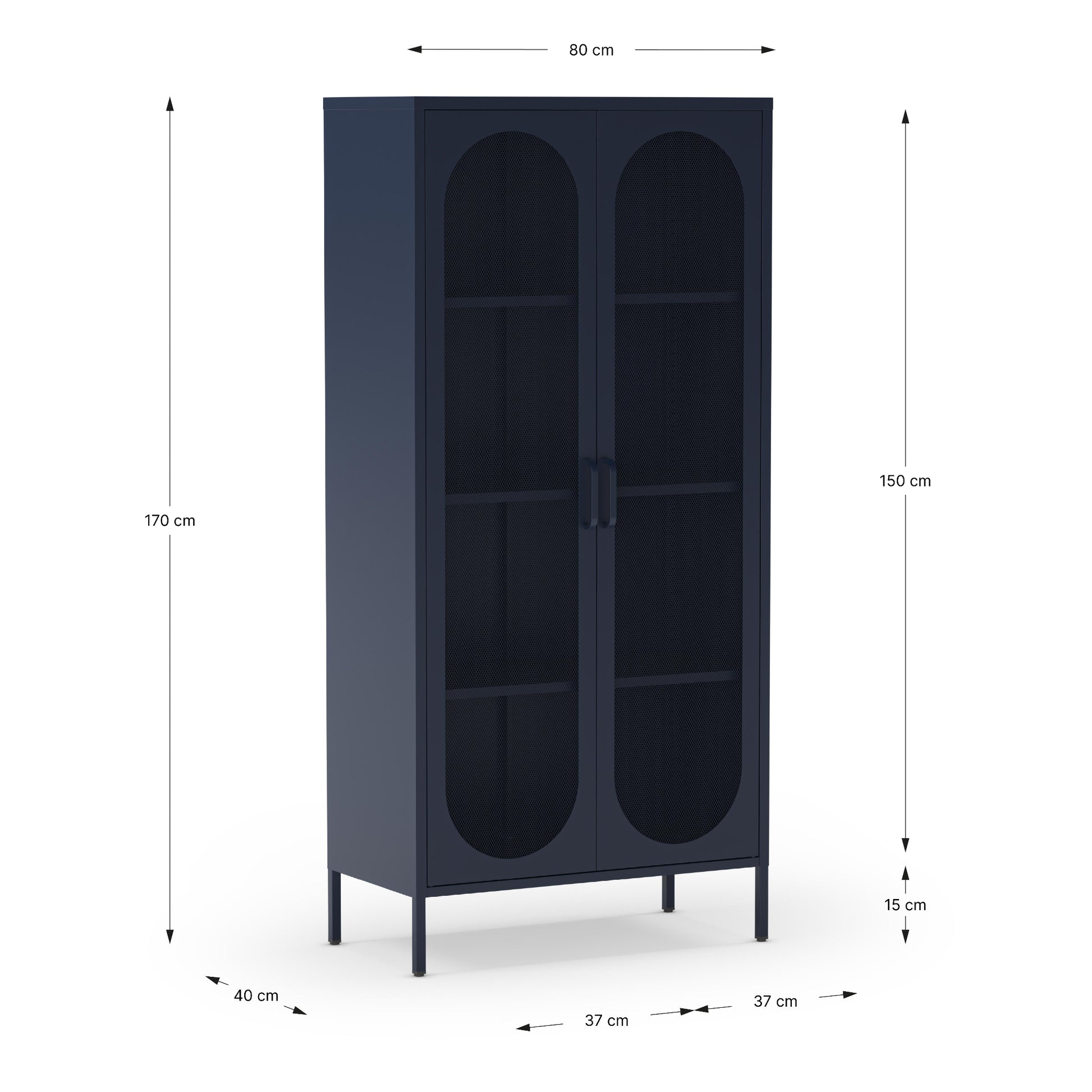 Navy blue cabinet with dimensions labeled on a white background