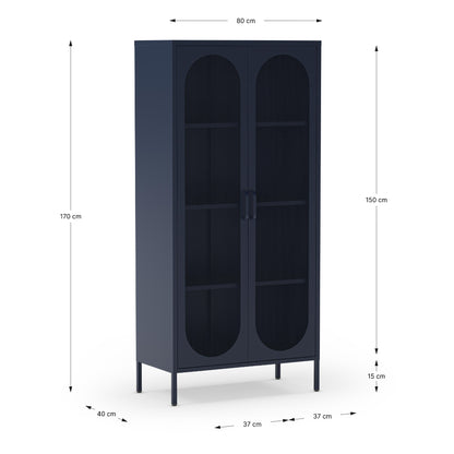 Navy blue cabinet with dimensions labeled on a white background