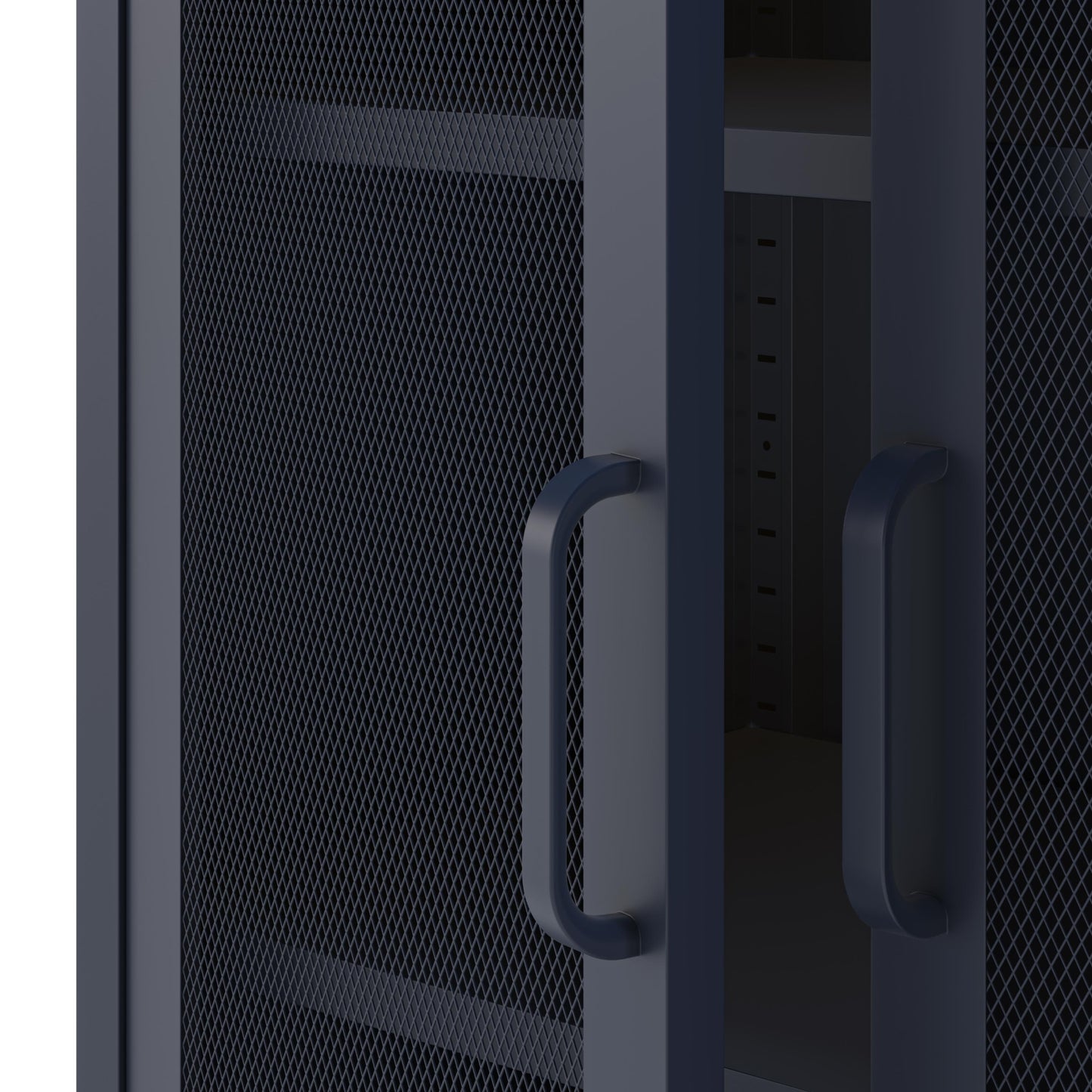 Dark blue mesh storage cabinet with a handle on a white background