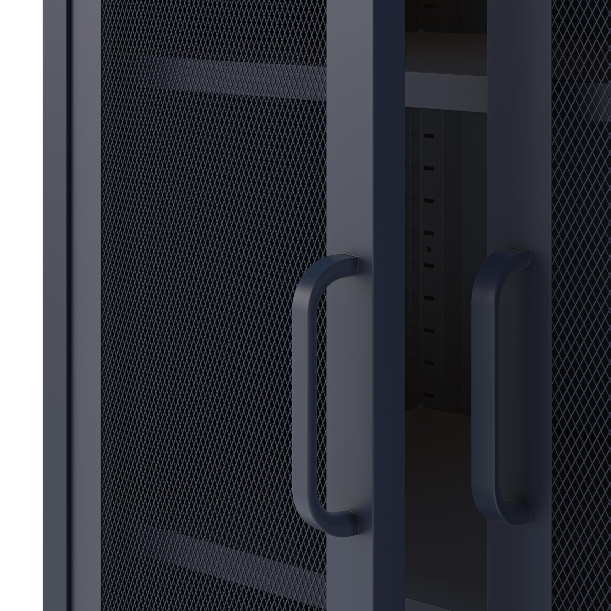 Dark blue mesh storage cabinet with a handle on a white background