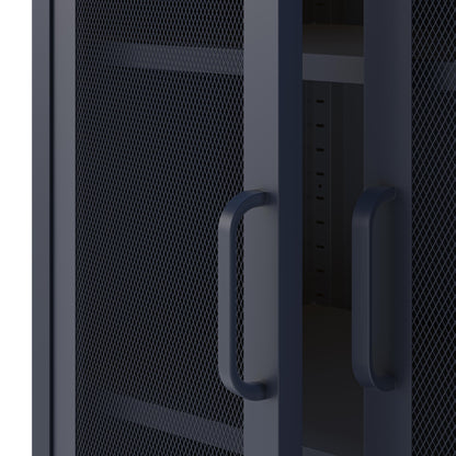 Dark blue mesh storage cabinet with a handle on a white background