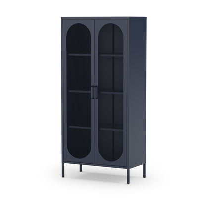 Black cabinet with arched glass doors on a white background