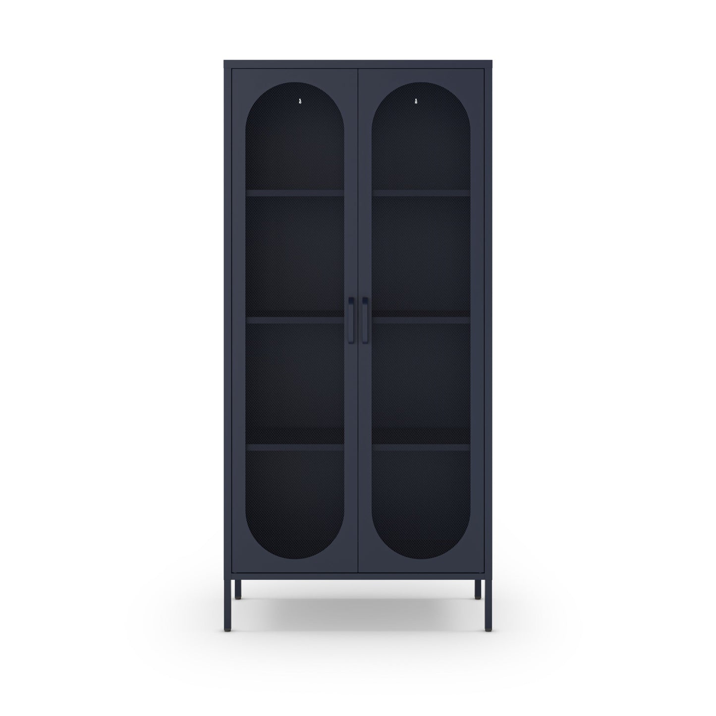 A tall, dark navy blue cabinet with two arched glass doors, three interior shelves, and slim metal legs, shown against a plain white background.