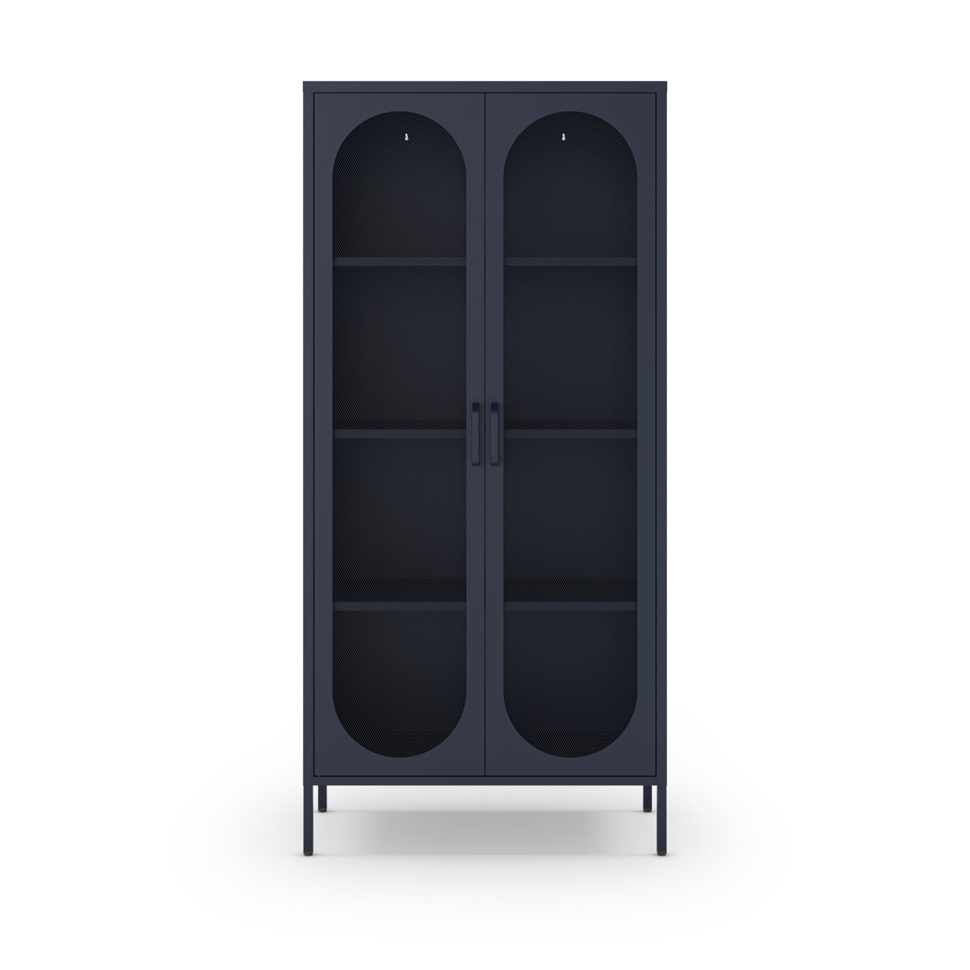 A tall, dark navy blue cabinet with two arched glass doors, three interior shelves, and slim metal legs, shown against a plain white background.