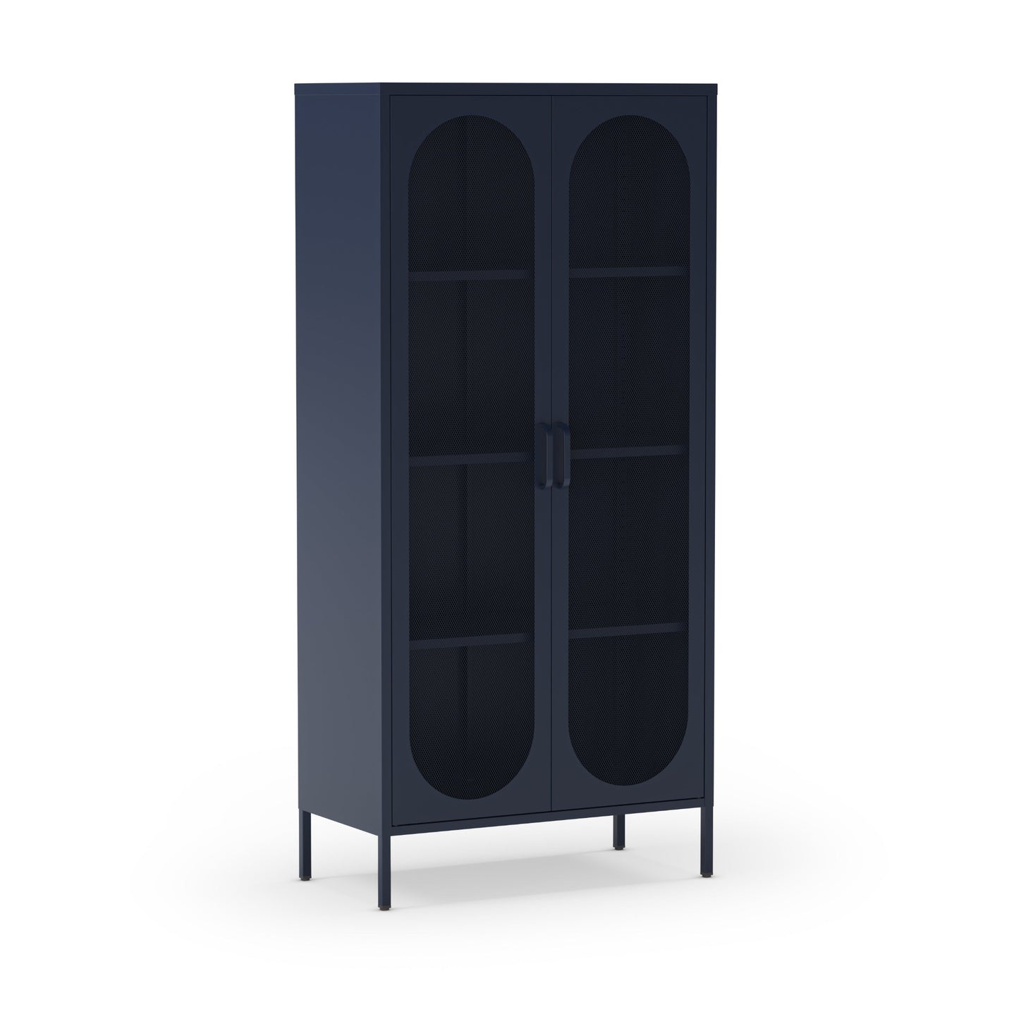 Dark blue cabinet with arched doors on a white background