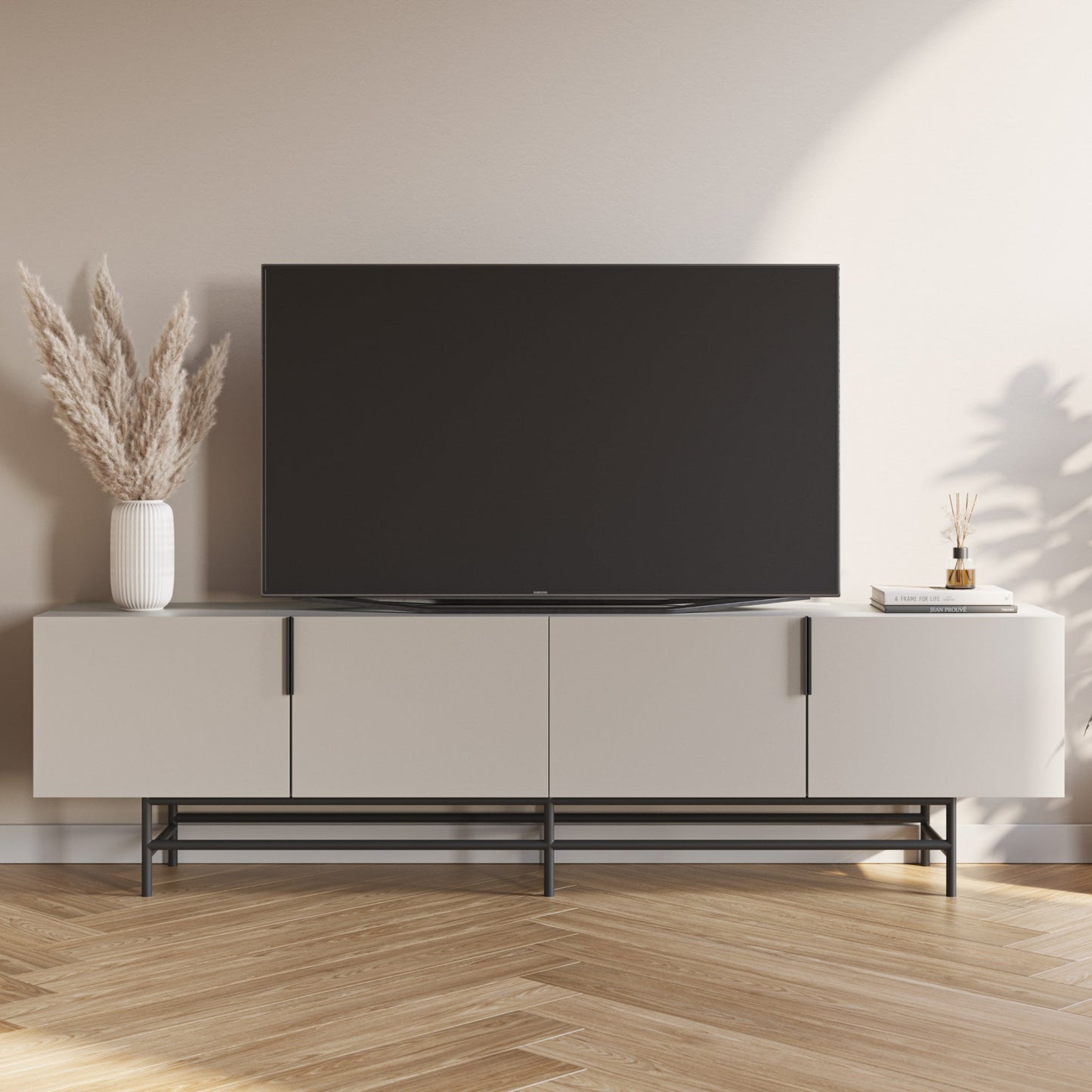 Eldia TV Stand, Four Doors, Wood and Metal - Cream Finish