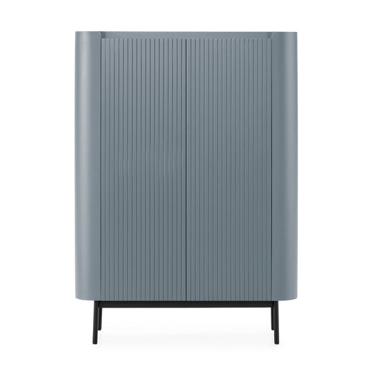 Gray ribbed cabinet with black legs on a white background