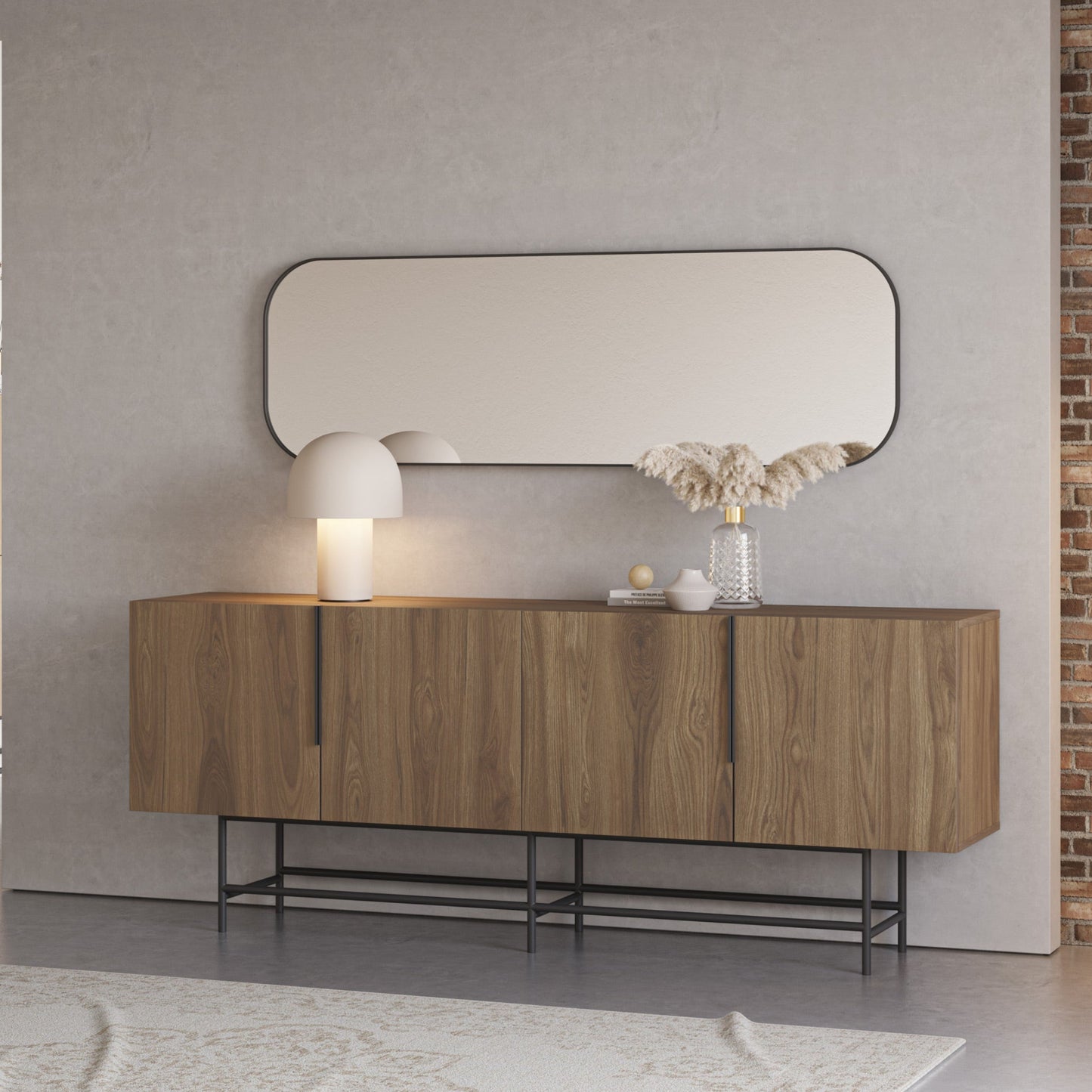 Eldia Sideboard, Four Doors, Wood and Metal - Oak Finish