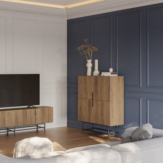 Eldia High Sideboard, Four Door, Wood and Metal - Oak Finish