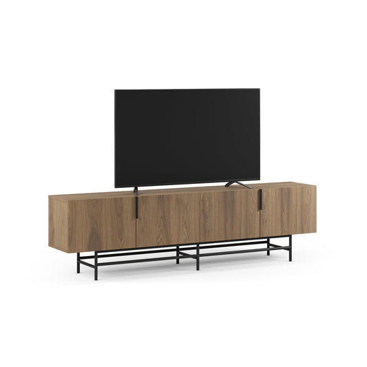 Wooden TV stand with a black flat-screen TV on a white background