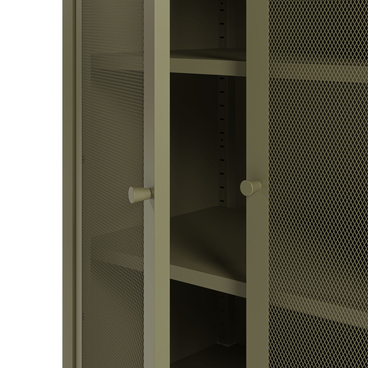 Close-up of a tall storage cabinet with perforated metal mesh doors and white cylindrical handles, showing interior shelves.