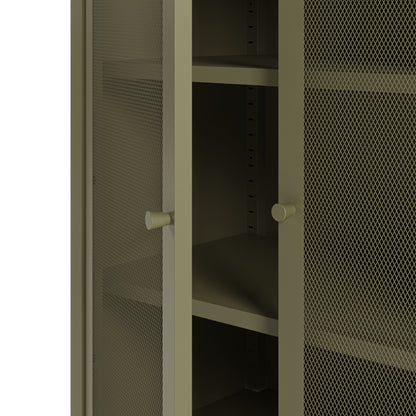 Close-up of a tall storage cabinet with perforated metal mesh doors and white cylindrical handles, showing interior shelves.