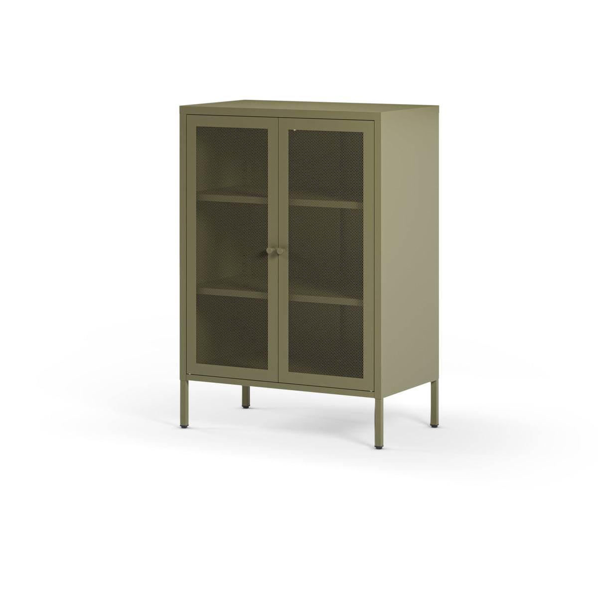 A tall, narrow cabinet with two glass doors, three interior shelves, and slim legs, finished in a muted sage green color, shown on a plain white background.