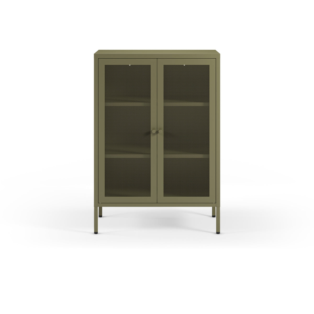 An olive green metal cabinet with two glass doors, three interior shelves, and slim legs, shown against a plain white background.