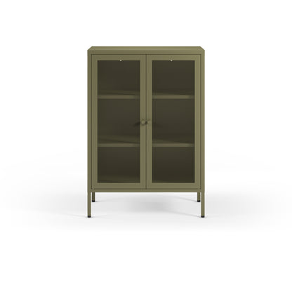 An olive green metal cabinet with two glass doors, three interior shelves, and slim legs, shown against a plain white background.
