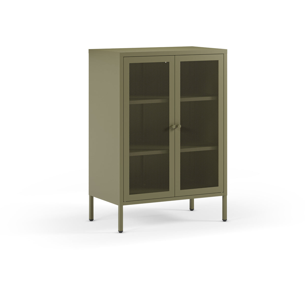 A tall, narrow cabinet with olive green metal framing and glass doors, featuring three interior shelves and slim legs, shown on a plain white background.