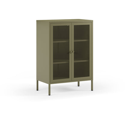 A tall, narrow cabinet with olive green metal framing and glass doors, featuring three interior shelves and slim legs, shown on a plain white background.