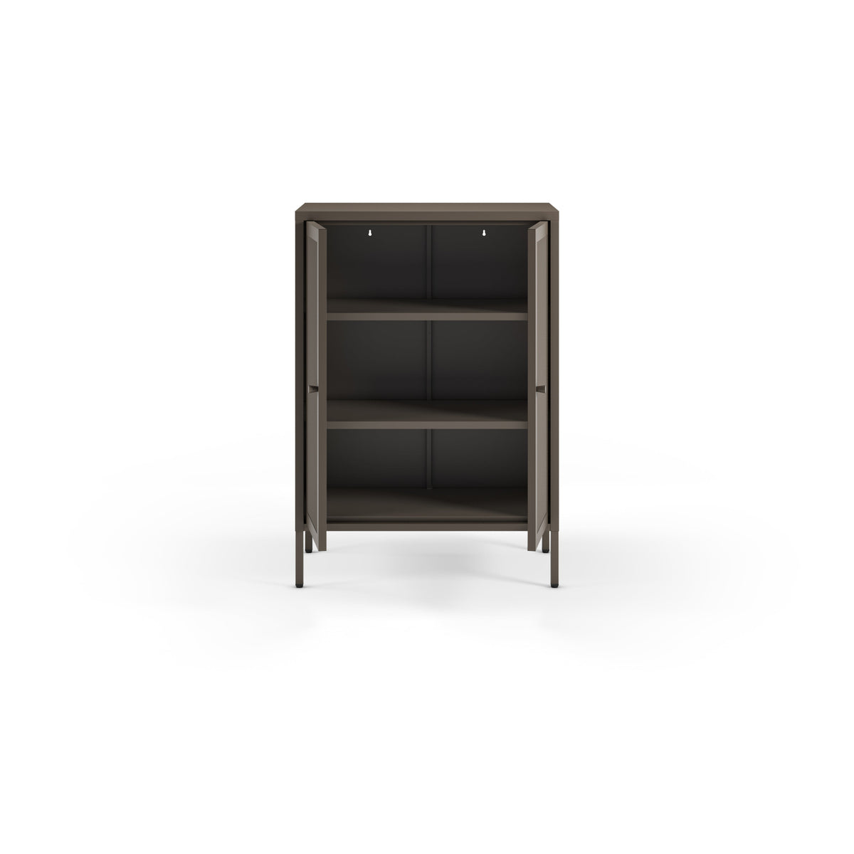A modern dark brown storage cabinet with two open doors and three interior shelves, shown against a plain white background.