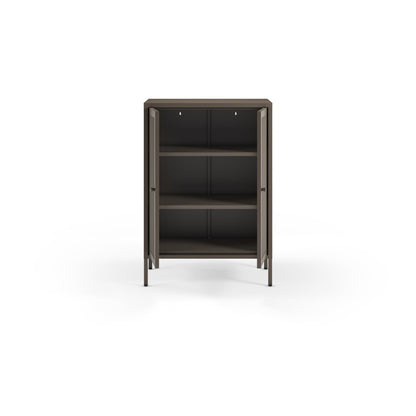 A modern dark brown storage cabinet with two open doors and three interior shelves, shown against a plain white background.