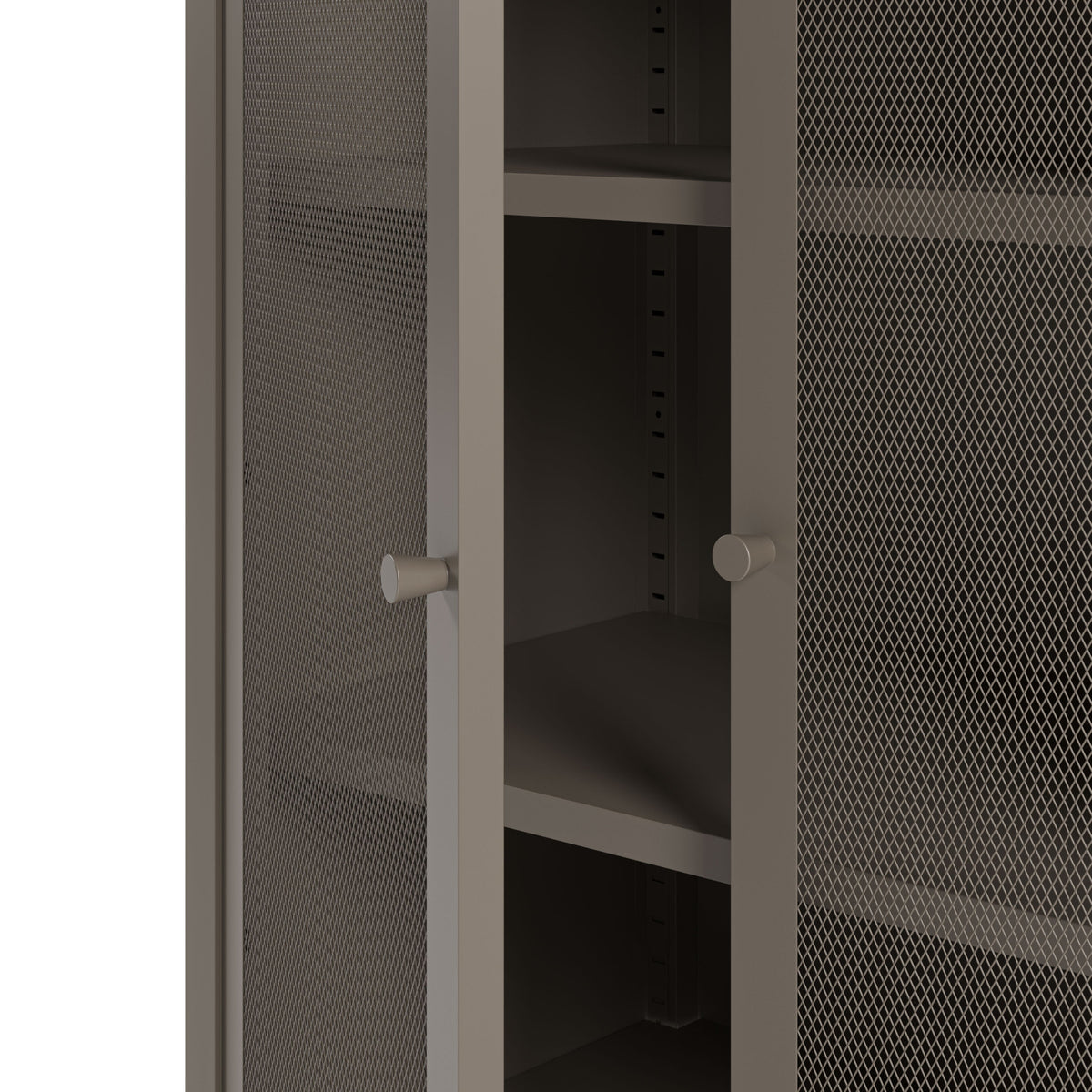 Close-up of a gray metal storage cabinet with perforated mesh doors, white knobs, and adjustable shelves.